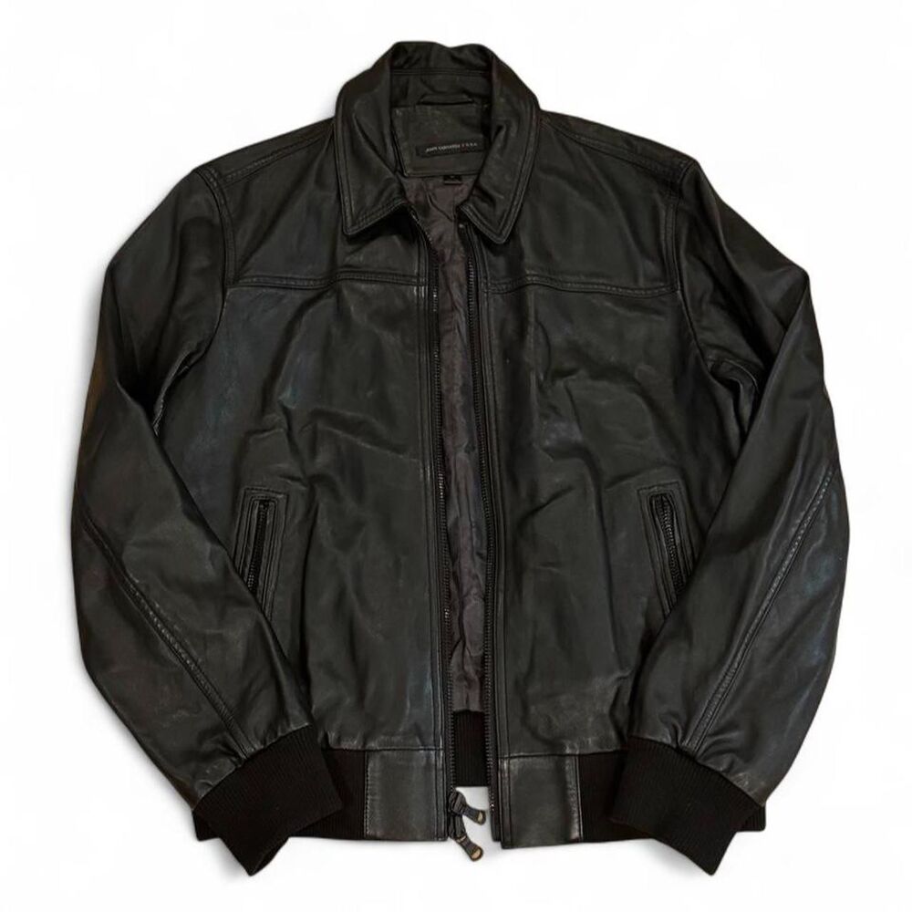 John Varvatos Black Leather Bomber Jacket — Men’s M